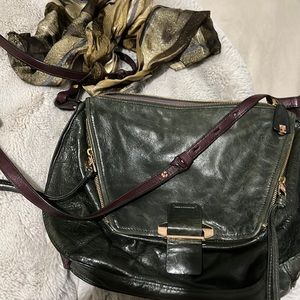 Kooba green and purple crossbody leather bag with silk scarf
